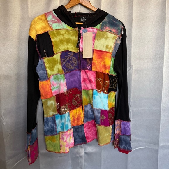 Colorful Patchwork Hoodie Boho Wearable Art Langenlook Artist Cotton Bright NWT - Picture 2 of 6